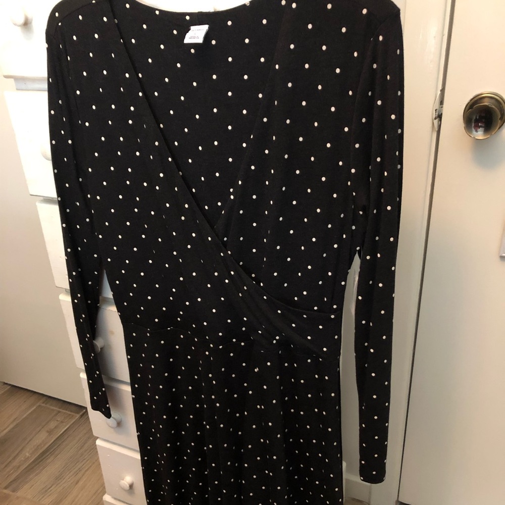 Polka dot long sleeve faux wrap dress